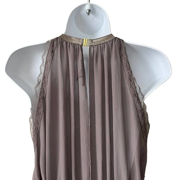 VICTORIA’S Secret Taupe Crinkled Lace Halter Tank Top S/P Ruffled Hem Semi Sheer - Picture 7 of 9